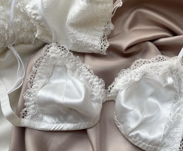Set of satin lace with lining (bra + panties) white