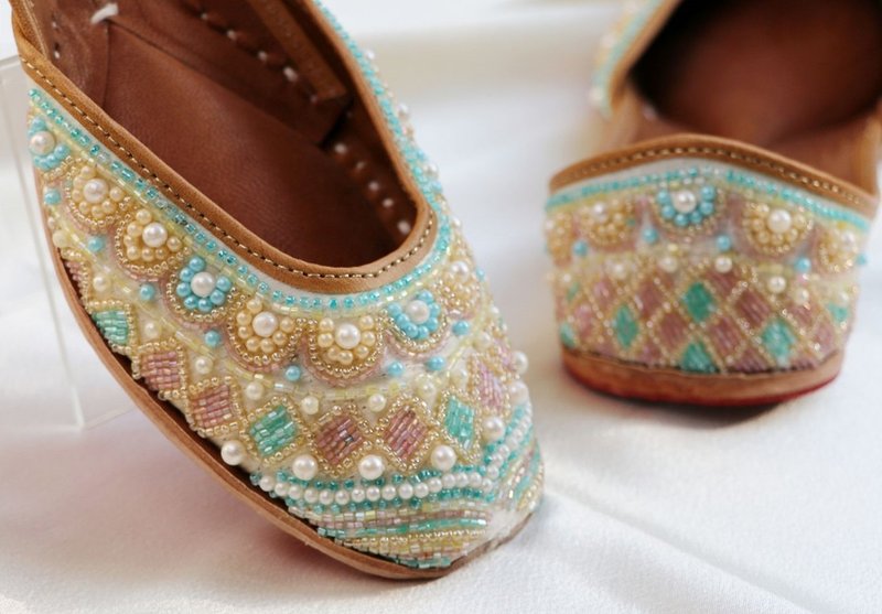 Qilan Indian retro cute beaded Teal handmade shoes - Other - Genuine Leather Blue