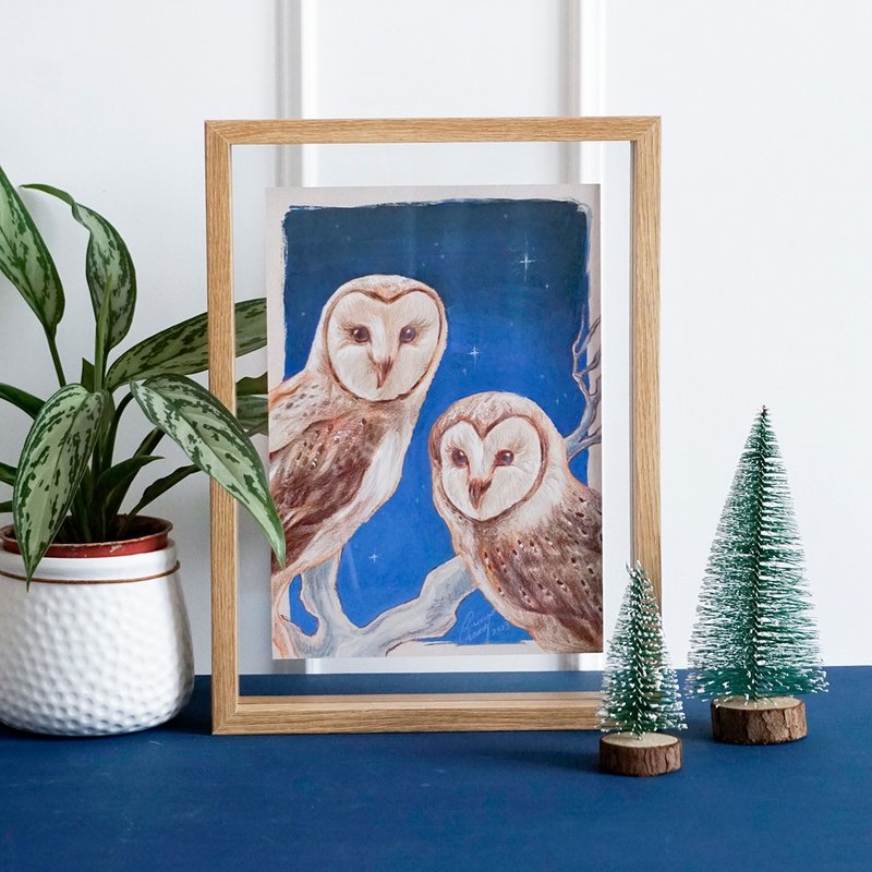 HEARTS & STARS【Original Art】Eastern Barn Owl in Night Painting - กรอบรูป - กระดาษ สีน้ำเงิน