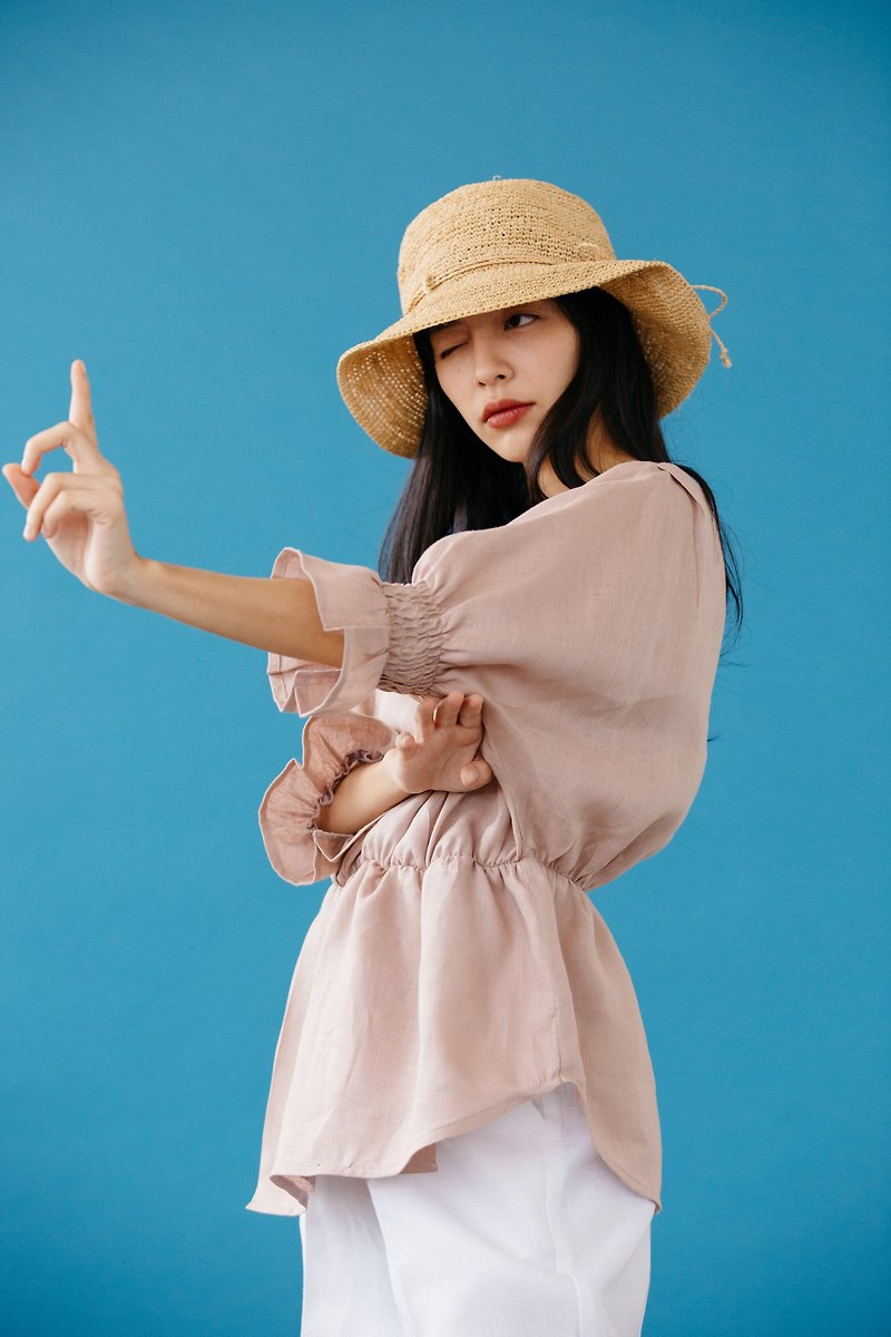 RUFFLE WRAP TOP WITH ELASTIC IN NUDE PINK - 女裝 上衣 - 棉．麻 粉紅色