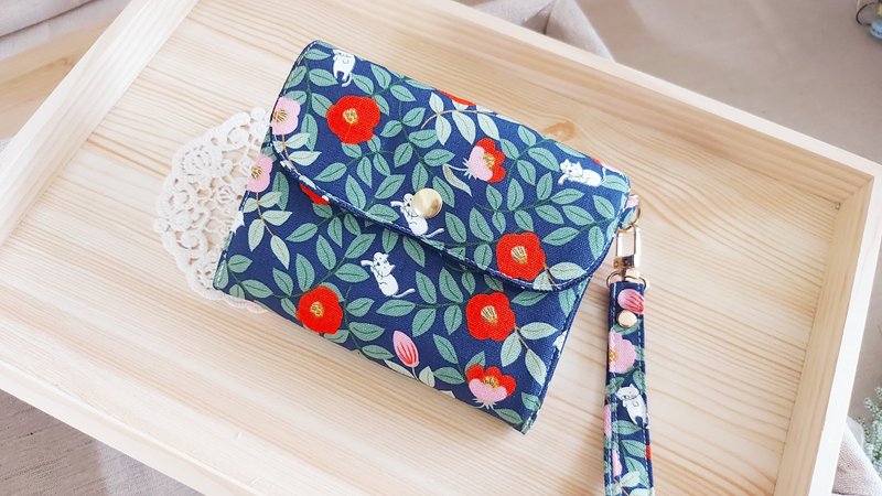 Japanese cloth cat [eight grid card layer-three-layer wallet] Caibu coin purse/handmade coin purse/three-layer bag - กระเป๋าสตางค์ - ผ้าฝ้าย/ผ้าลินิน สีน้ำเงิน