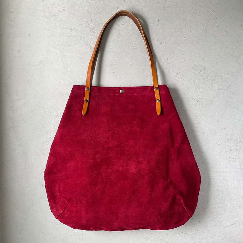 [Resale in 2023] Round tote bag with beef floor velor and extra-thick oil slime [wine red] - Handbags & Totes - Genuine Leather Red