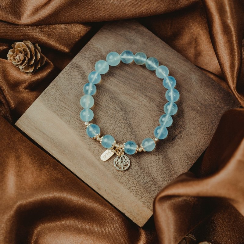 【Pearl】Peace and joy-Aquamarine bracelet with Chinese characters - สร้อยข้อมือ - เครื่องเพชรพลอย สีน้ำเงิน