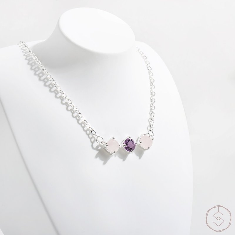 MUSE | Amethyst pink crystal S925 sterling silver | Two-color three-diamond necklace - สร้อยคอ - คริสตัล สีม่วง