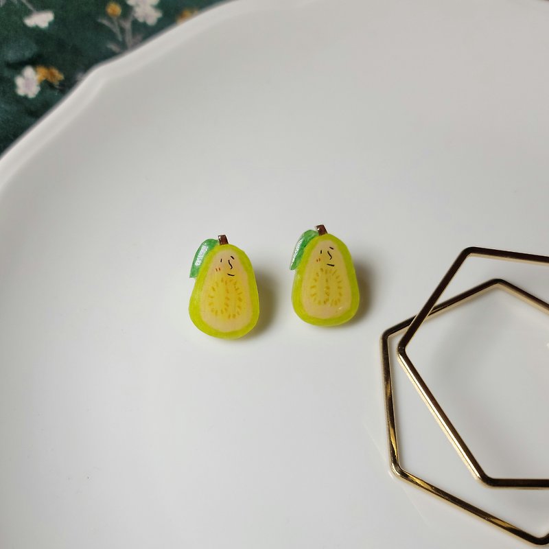 Guava, Taiwan Fruit Handmade Hand Painted Earrings - ต่างหู - สแตนเลส สีเขียว