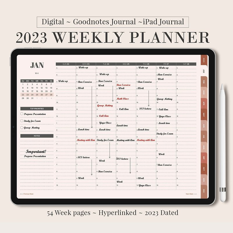 2023 Weekly Planner, Digital Goodnotes ipad Planner, Daily hourly Minimalist - ดิจิทัลแพลนเนอร์ - วัสดุอื่นๆ 