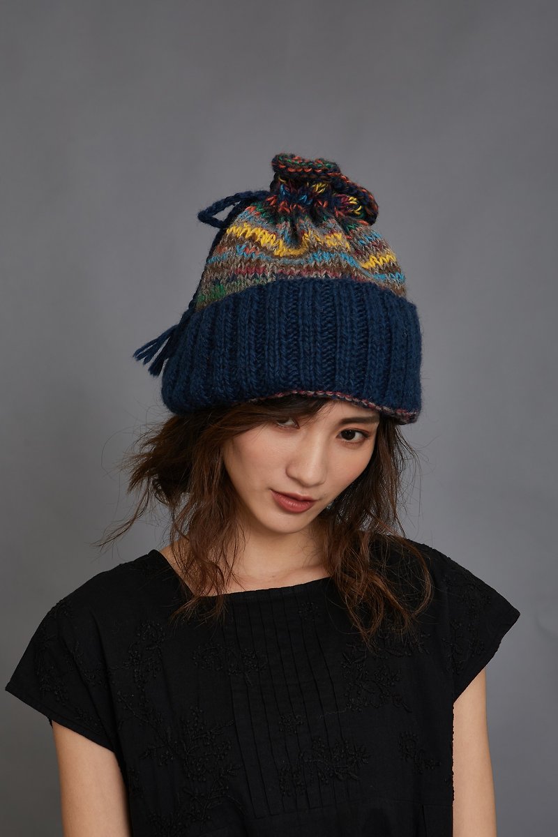 Wool knitting marine color neckline hat _ fair trade - Gloves & Mittens - Wool Multicolor