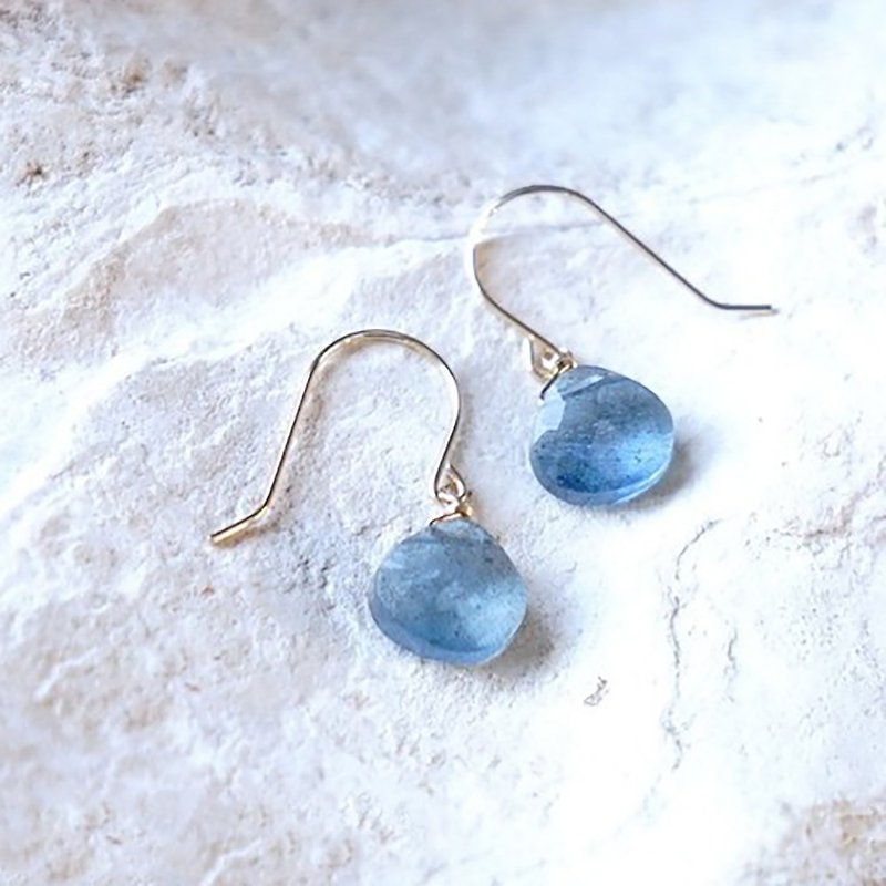 K18 High Quality Moss Aquamarine Earrings or Clip-On Natural Stone - ต่างหู - โลหะ สีน้ำเงิน