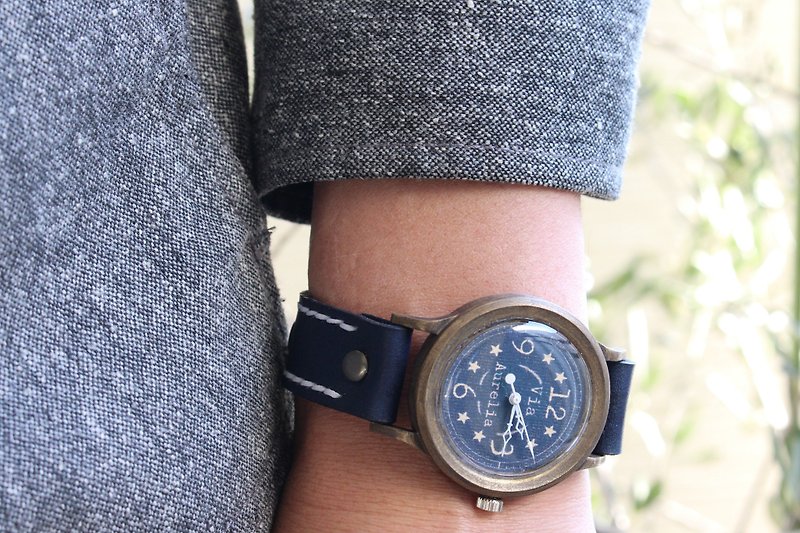 手作り腕時計　Via Aurelia(Blue星&Navy Blue) - 腕時計 - 銅・真鍮 ブルー