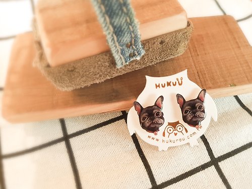 芙格鹿設計好物Hukurou | 手繪寵物系列 | 法國鬥牛犬貼耳耳環(法鬥-黑/虎斑)