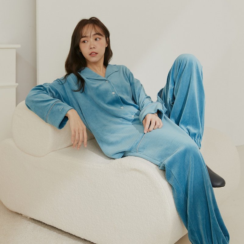 Warm Corduroy Wide Long Sleeve Shirt Homewear-Turquoise Blue-Collagen Yarn - Loungewear & Sleepwear - Cotton & Hemp Blue