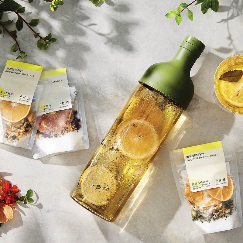 [Bottle free shipping set] DIY home brewing set fruit tea wine spice bag + Japanese HARIO glass bottle - ชา - อาหารสด สีเหลือง