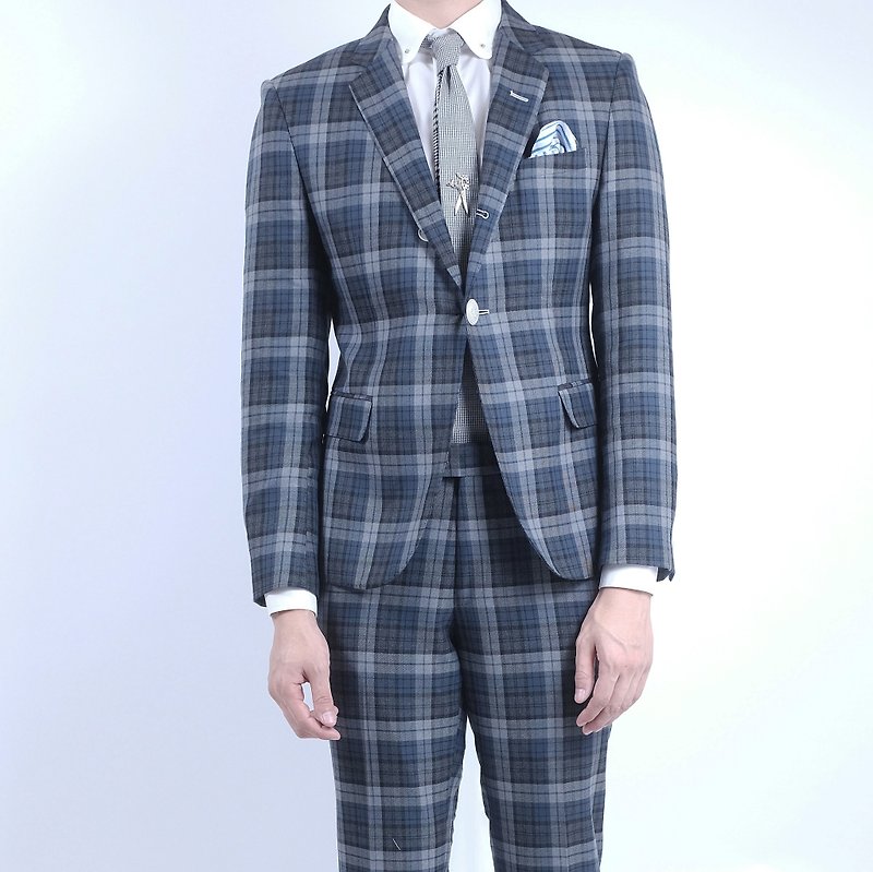 HIATUS fog gray-blue plaid suit suit - Men's Coats & Jackets - Wool Blue