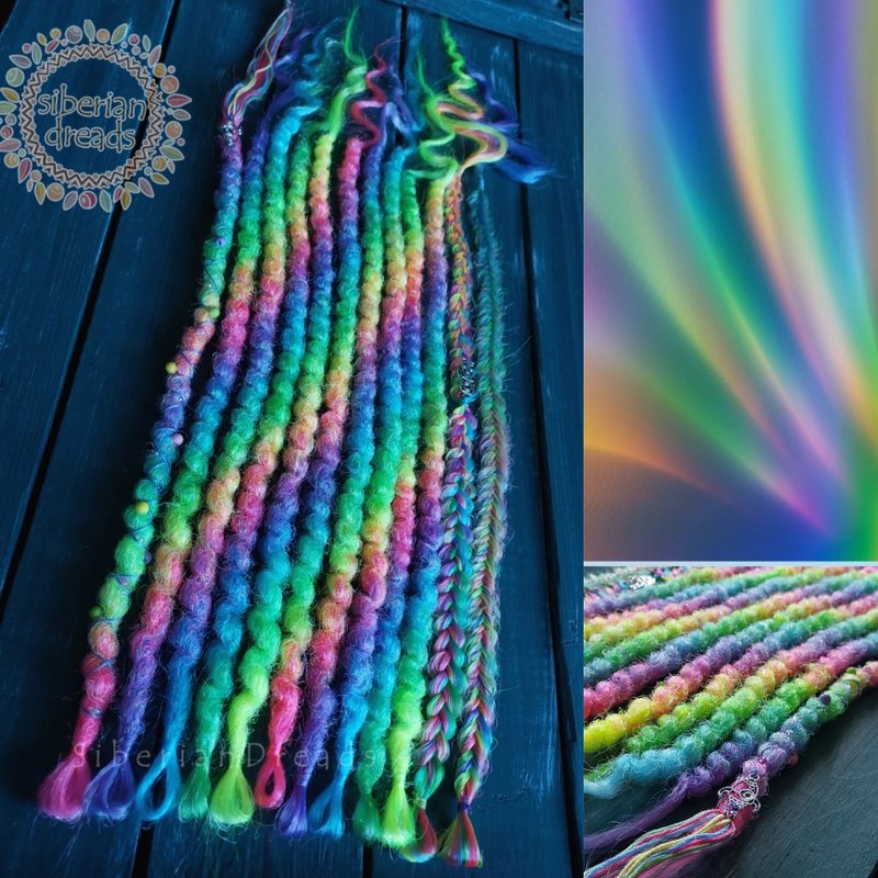 Holographic synthetic dreads Soft Puffy Rainbow Glitch Dreadlocks Clip-ins hair - 髮夾/髮圈 - 其他材質 多色