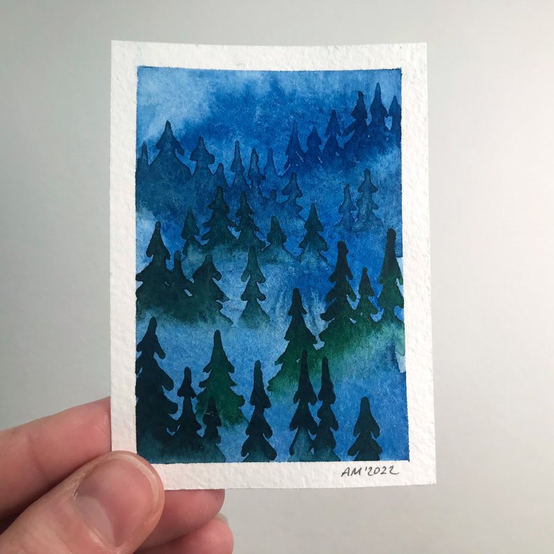 ACEO original art watercolor painting Blue ridge mountains Small art Wall art - ตกแต่งผนัง - กระดาษ สีน้ำเงิน