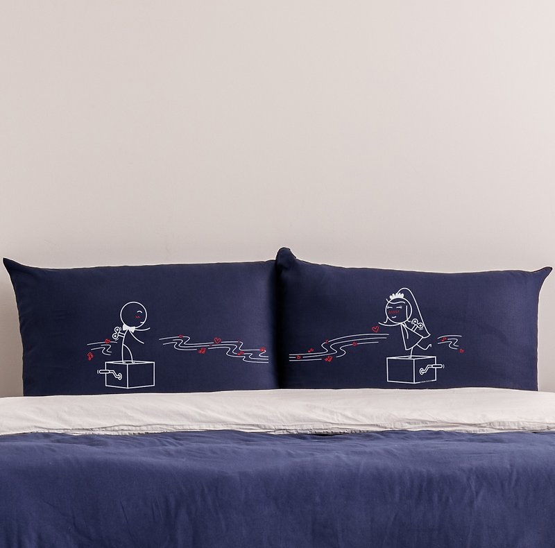 Music Box Boy Meets Girl couple pillowcase by Human Touch - เครื่องนอน - ผ้าฝ้าย/ผ้าลินิน สีน้ำเงิน