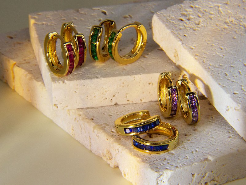 Earrings For Sister Jewelry Gold Gemstone Hoop Earrings Huggie Rainbow Jewellery - ต่างหู - โลหะ 