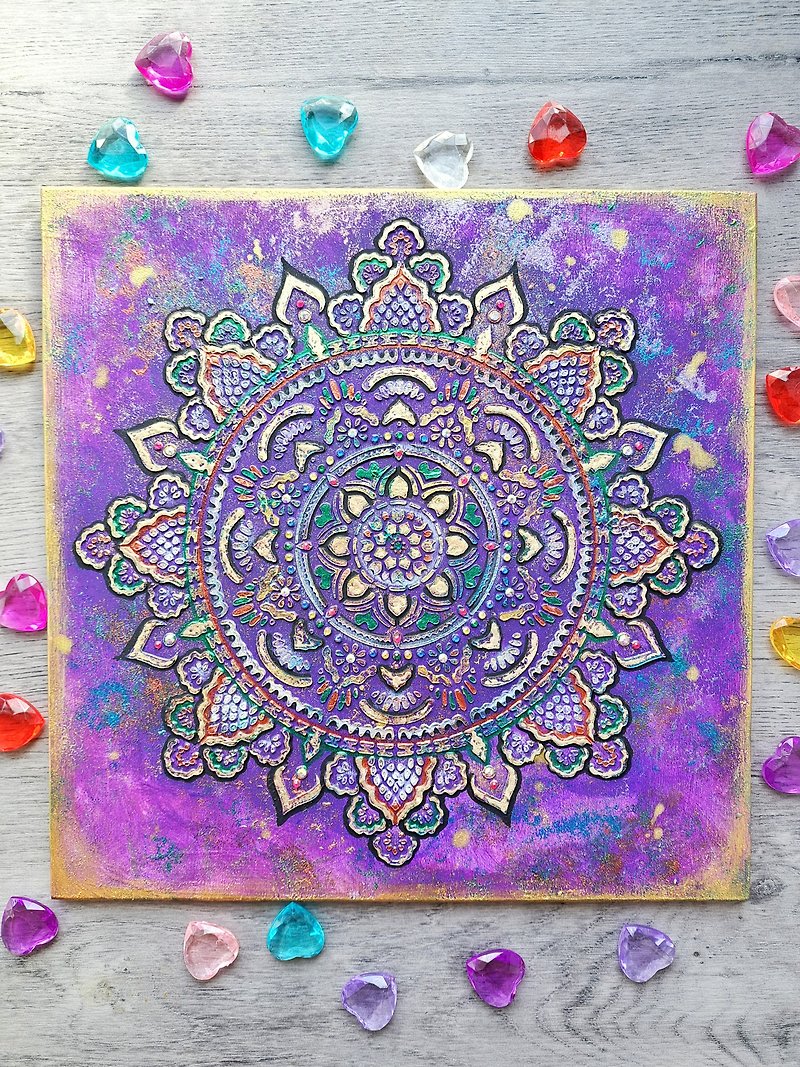 Mandala of Healing spiritual wounds Textured painting on plywood Sacred art - Wall Décor - Wood Purple