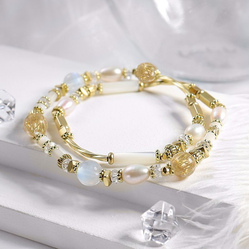 Cheers | D10 Titanium Crystal Moonstone Pearl Double Circle Bracelet - Bracelets - Gemstone Yellow