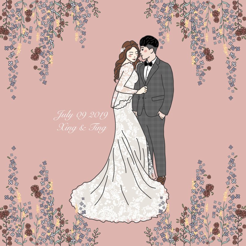 【結婚禮物】客製似顏繪人像畫-可愛線條風電子檔/加購喜帖 - 電子似顏繪/繪畫/插畫 - 其他材質 