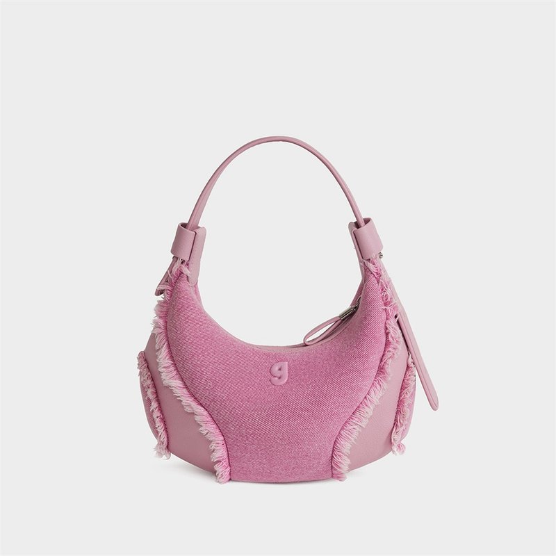 Denim spicy berry pink baseball armpit bag small first layer cowhide genuine leather bag hobo bag KUNOGIGI - Messenger Bags & Sling Bags - Genuine Leather Pink