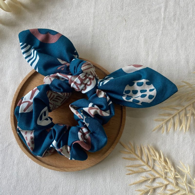 Scrunchie/Rabbit Ears Scrunchie/Hair Bundle/Geometric Origin-Lake Blue - Hair Accessories - Cotton & Hemp Blue