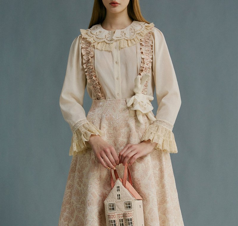 【古典牆紙】 歐式復古/蕾絲蝴蝶結/抽褶背帶半裙 - 洋裝/連身裙 - 其他材質 粉紅色