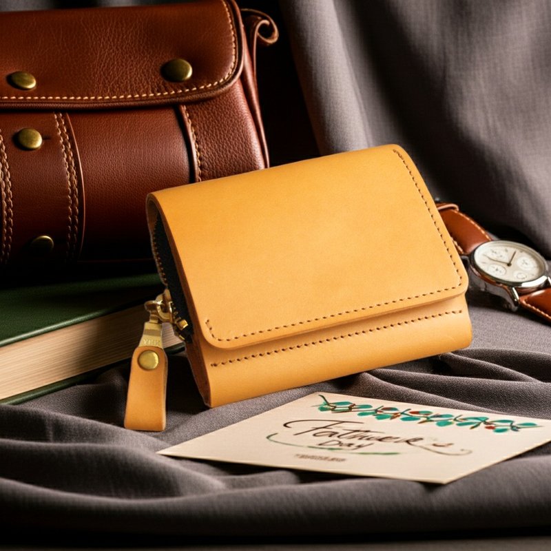 【客製化禮物】真皮植鞣革 零錢包短夾 (客製化刻字/禮盒包裝) - 散紙包 - 真皮 黃色