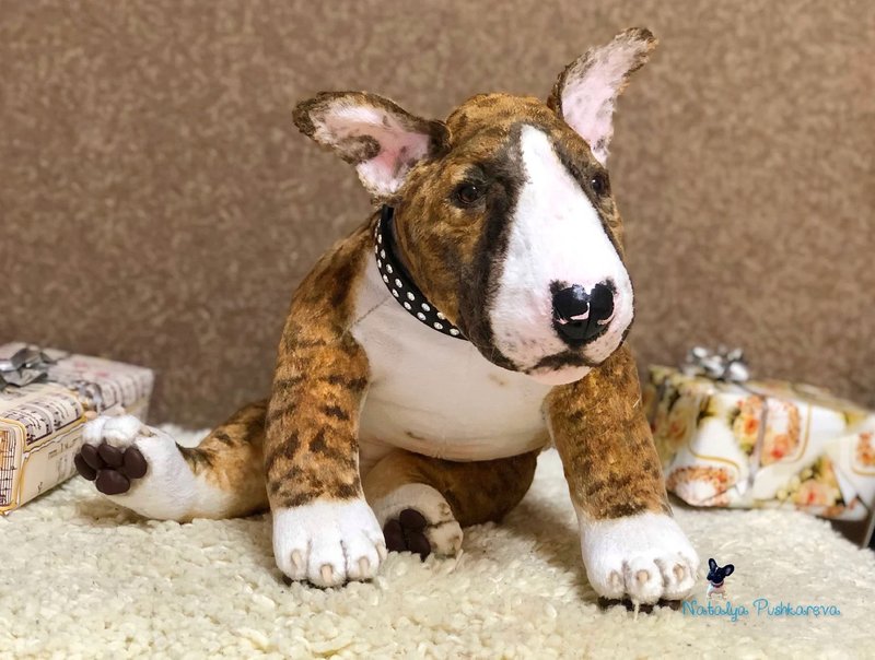 bull terrier  puppy, realistic toy - Stuffed Dolls & Figurines - Polyester White