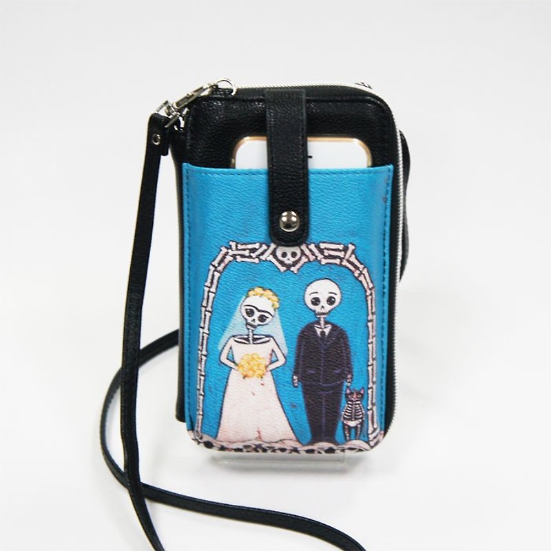 Ashley. M -  skeleton bride and groom cellphone/wallet Crossbody Bag - กระเป๋าแมสเซนเจอร์ - หนังเทียม สีดำ