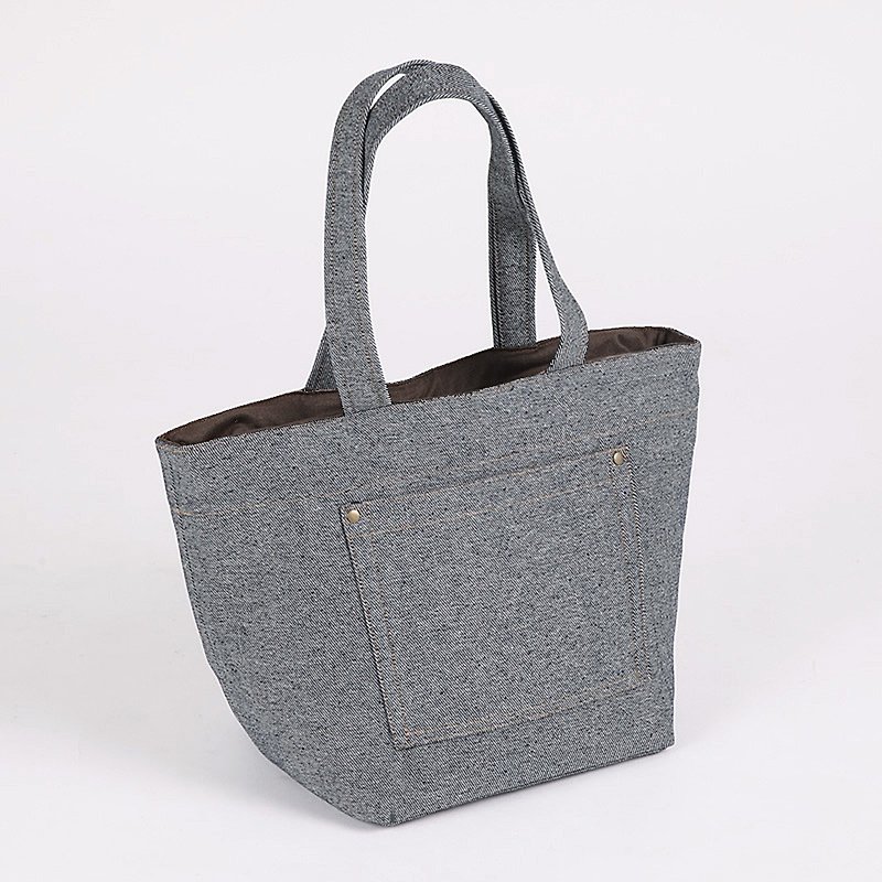 External patch pocket - hand tote bag - denim grey - กระเป๋าถือ - ผ้าฝ้าย/ผ้าลินิน สีเทา