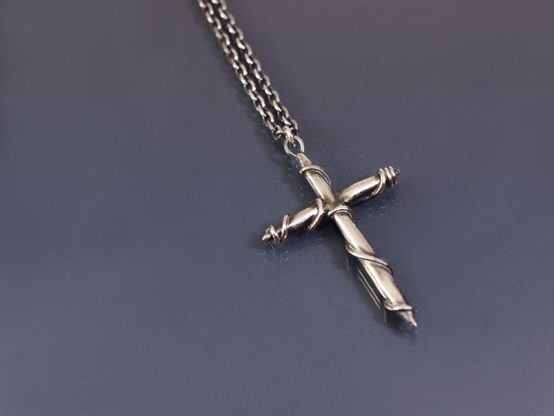 Line Series - Wrapped Large Cross 925 Silver Single Pendant - Necklaces - Sterling Silver Orange