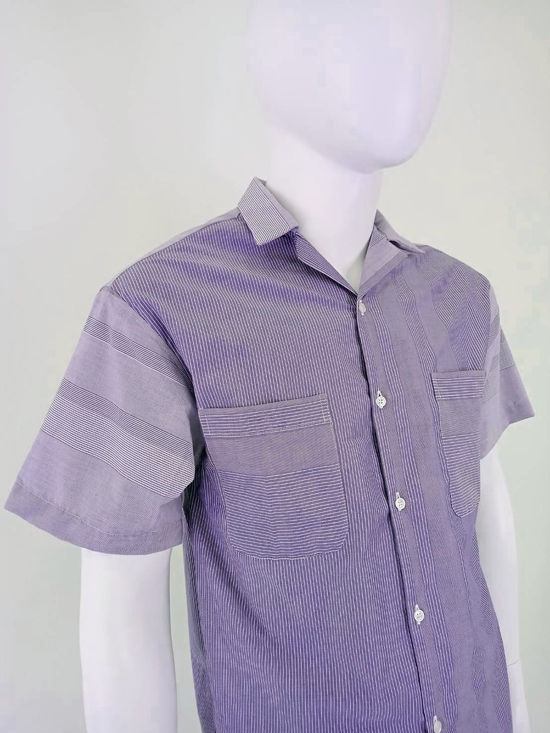 (現貨)男寬版紫藍色拼接條紋短袖襯衫 - 男裝 恤衫 - 棉．麻 