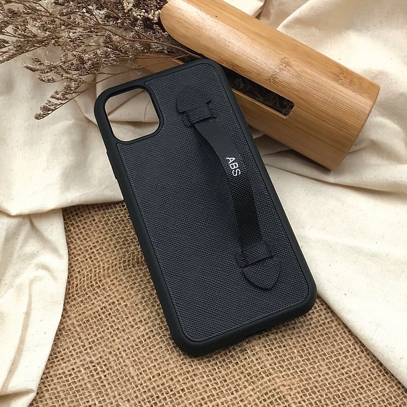 【iPhone Case W/Handle】Black Saffiano | Shockproof | Handmade Leather in HK - Phone Cases - Genuine Leather Black