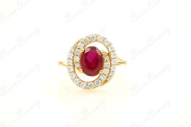 14k Gold Plated Oval Ruby Engagement Ring, Moissanite Ring, Cluster Promise Ring - แหวนทั่วไป - เครื่องเพชรพลอย หลากหลายสี