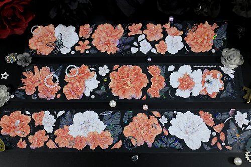 織星辰 紅白木槿 PET 紙膠帶 白墨 貝殼光 10米卷