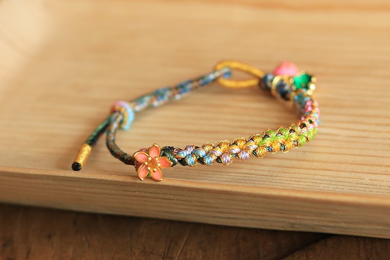 Spring and Autumn Handmade Kumihimo| Peach Blossom Knot Bracelet Enamel Sand Gold Flower | Good Luck and Happiness - Bracelets - Cotton & Hemp 