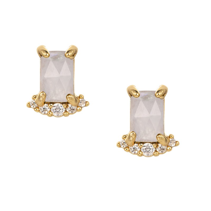 Eva moonstone earrings classic rose cut rectangular semi- Gemstone precision plated 14k gold anti-allergic steel needle - ต่างหู - เครื่องประดับพลอย ขาว