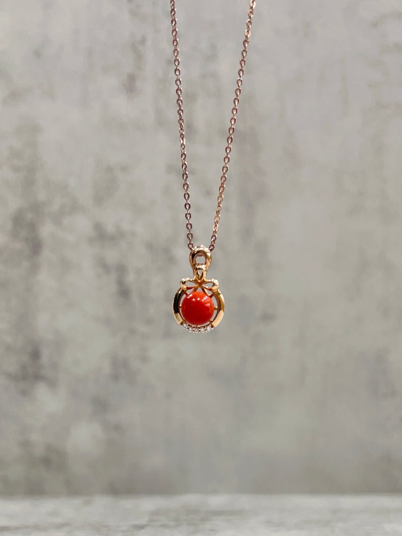 Natural Coral Diamond Pendant 18K High Quality Natural Coral Aka Coral Free Silver Necklace - สร้อยคอ - โรสโกลด์ 