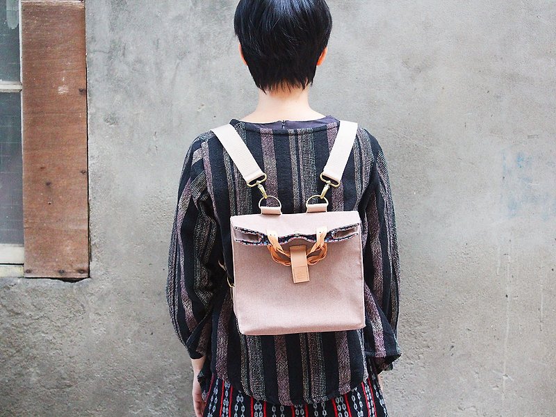 Hard small bag / small backpack / small bag / multi-purpose / rose milk brown - กระเป๋าถือ - ผ้าฝ้าย/ผ้าลินิน สึชมพู