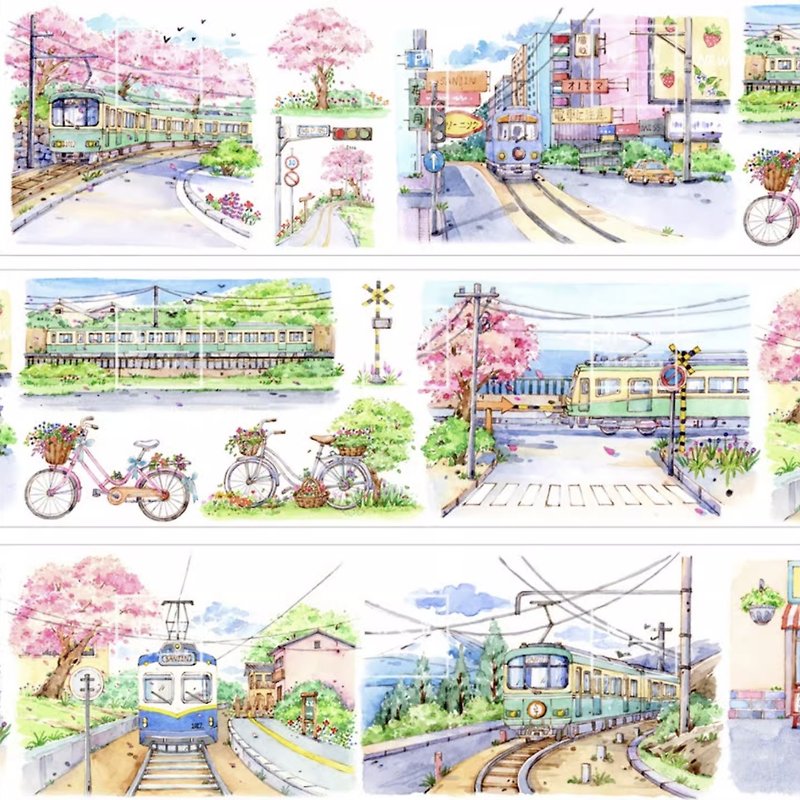 Bicycle tram retro Japanese street watercolor painting landscaping and paper tape made in Taiwan 10 meters roll - Washi Tape - Other Materials Multicolor