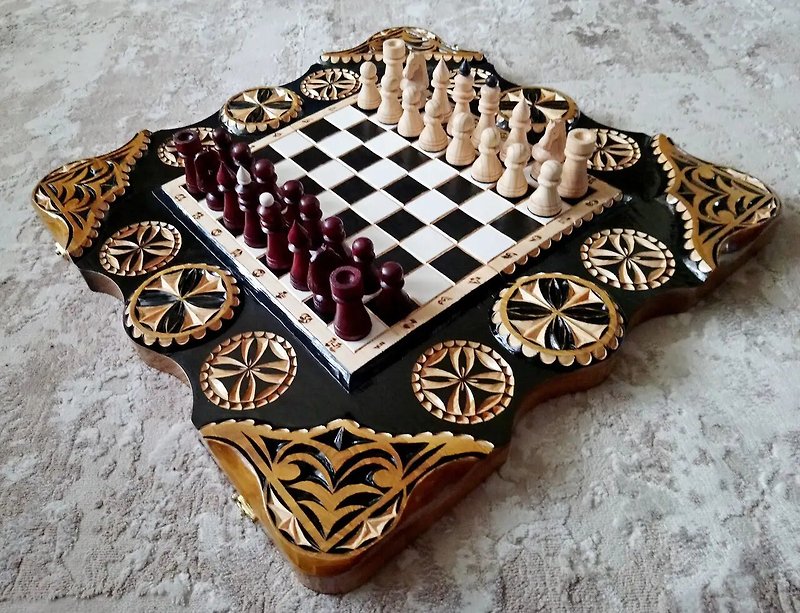 Backgammon Chess Gift Souvenir Wood Carving Handmade Wooden Carved Beautiful - Board Games & Toys - Wood Brown