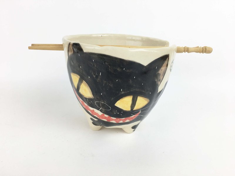 Nice Little Clay handmade bowl _ happy black cat 0214-07 - ถ้วยชาม - ดินเผา ขาว