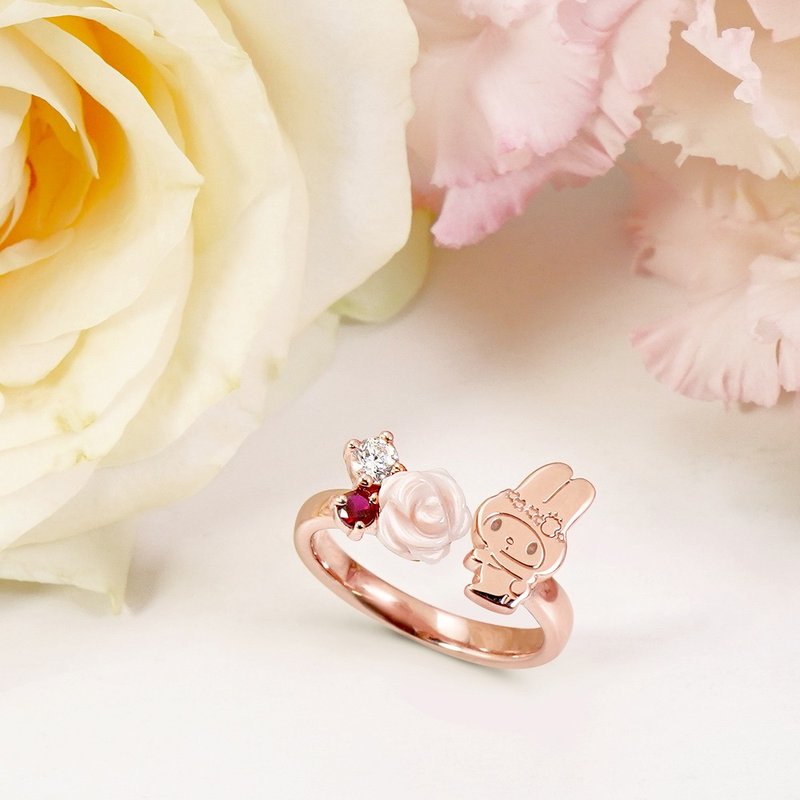 Kuromi & MyMelody Flower Series-Melody Pearl Flower Sterling Silver Ring - General Rings - Sterling Silver Pink