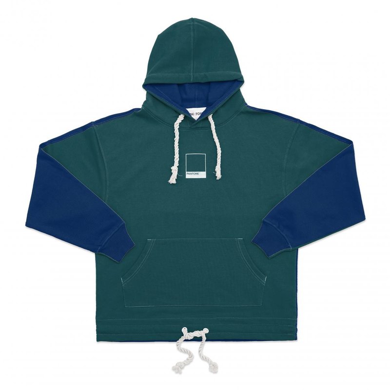 PANTONE - FunMix Collection 純棉拼色索繩連帽衛衣 (深綠/深藍) - 帽T/大學T - 棉．麻 多色