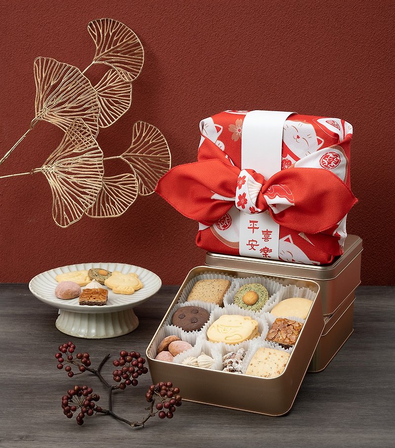 [New Year’s Gift Box] Lucky Cat Furoshiki Iron Box Cookies/Handmade Cookies/Year of the Dragon Gift Box/New Year’s Gift Box - คุกกี้ - อาหารสด สีแดง