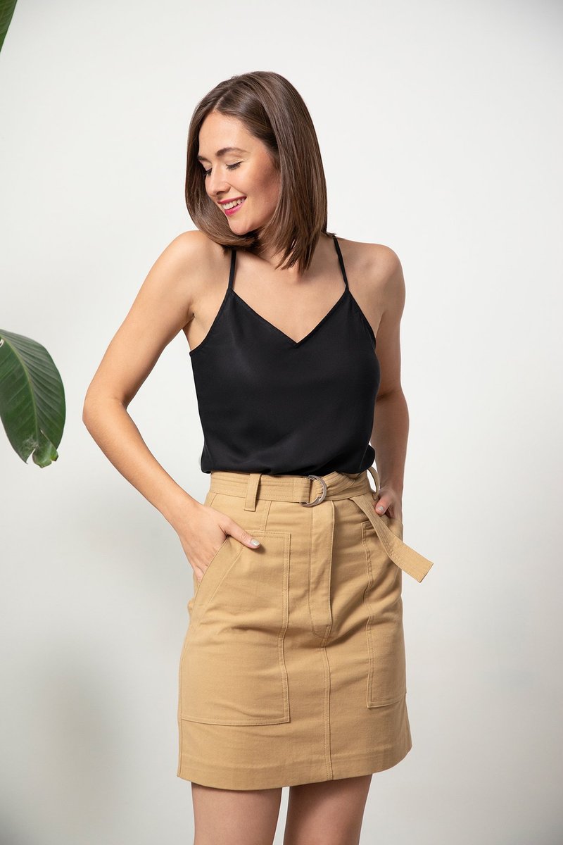 工裝高腰大袋半截短裙 skirt - 駝色 天鵝絨 香港品牌 環保時尚 - 裙子/長裙 - 棉．麻 卡其色