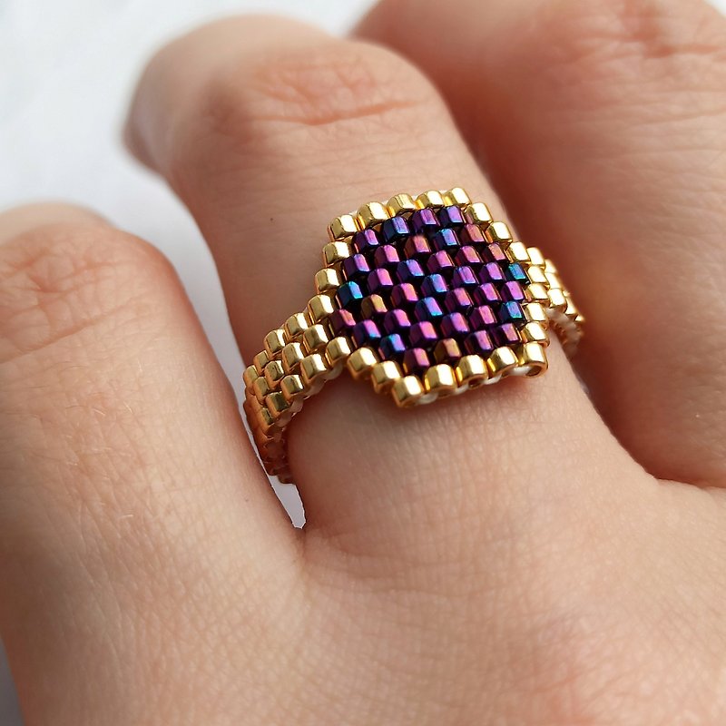 玻璃 戒指 紫色 - Purple signet ring | Gold bead ring | Luster ring | Unique design ring