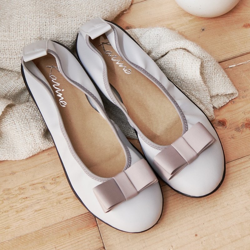 Gray blue bow thick-soled doll shoes genuine leather shoes - รองเท้าบัลเลต์ - หนังแท้ 