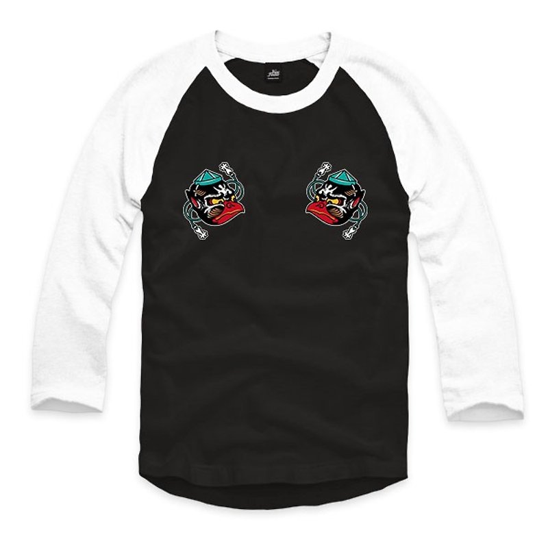 Small Tengu Mask - Black / White - T-shirt Sleeve baseball - Men's T-Shirts & Tops - Cotton & Hemp Black